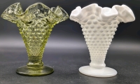 2 Vintage Unsigned Fenton Ruffled Hobnail Milk & Avocado Glass Vases | 3.8" Tall ea