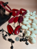 Red Acrylic + Chunky White Teardrop Necklaces Red Rhinestone Bracelet Black Drop Pierced Earrings - 6