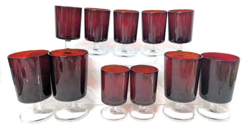 11 Vintage Clear & Ruby Red Glassware Footed Drinking Glasses Made in France | 4" - 5.25" Tall