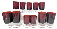11 Vintage Clear & Ruby Red Glassware Footed Drinking Glasses Made in France | 4" - 5.25" Tall