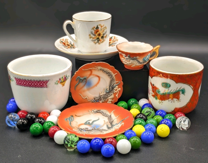 Vintage Unsigned Moriage Dragonware Childrens 3pc Tea Set, Mini Cup & Saucer, Traditional Thick Walled Chinese & Japanese Tea Cups + 45 Glass Marbles