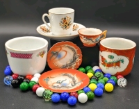 Vintage Unsigned Moriage Dragonware Childrens 3pc Tea Set, Mini Cup & Saucer, Traditional Thick Walled Chinese & Japanese Tea Cups + 45 Glass Marbles