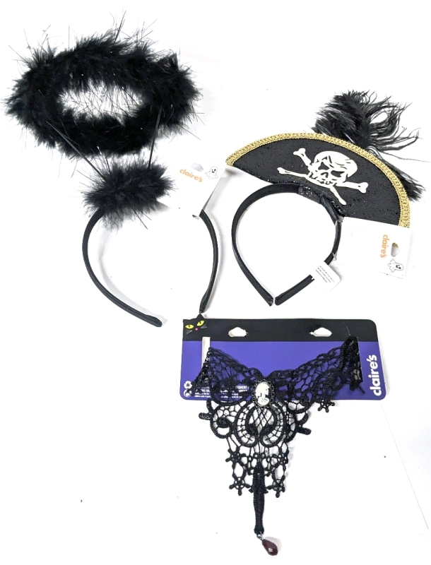 3 New Claire's Halloween Costume Pieces | Dark Angel & Pirate Hat Headbands + Lace Skull Cameo Choker | One Size Fits Most