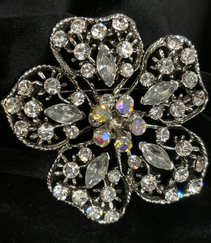 Large 5 Petal Rhinestone Brooch High Relief AB stamens Beauty