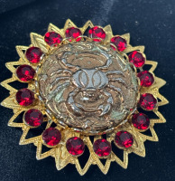 Ruby Rhinestone Scalloped Crab Brooch
