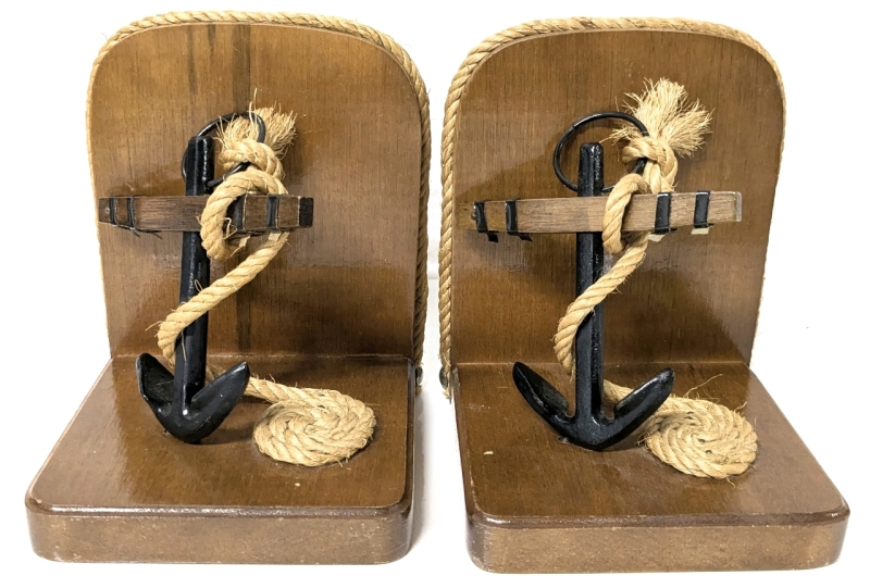 Pair of Wooden Nautical / Sailing-Themed Bookends | 5.75" x 4.75" x 6" Tall