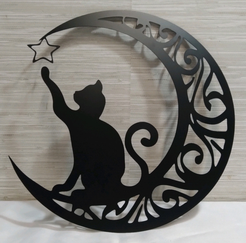 New 12" Metal Cat & Moon Art Decoration