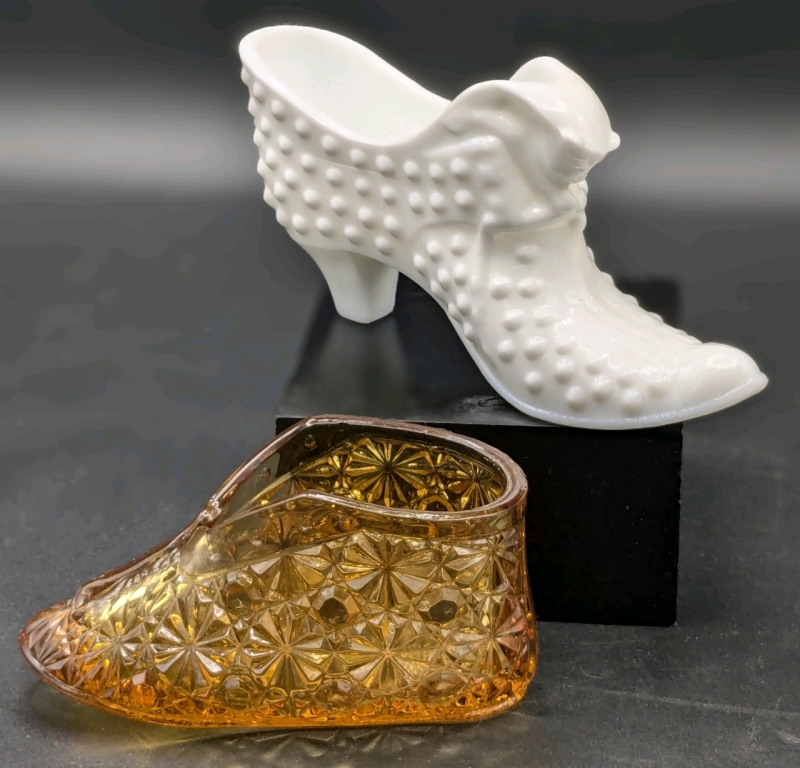 Signed Fenton Puss-in-Boots Hobnail Milk Glass Boot & Unsigned Fenton Amber Glass Daisy + Button Baby Bootie | Up to 3" Tall