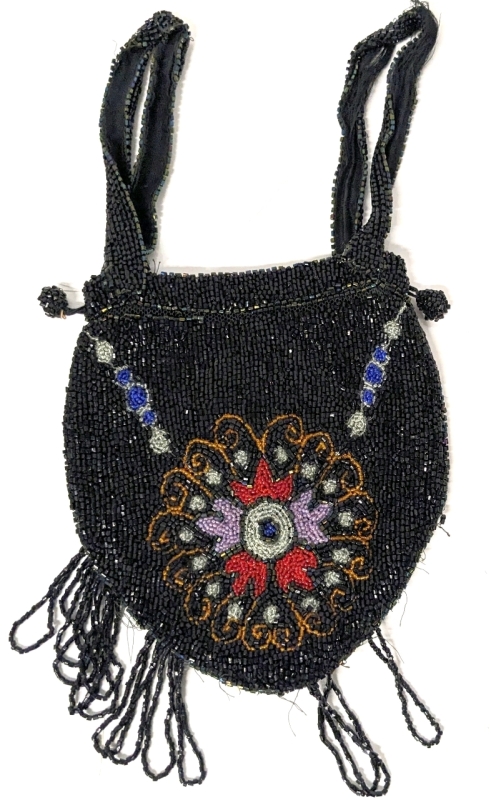 Intricately Beaded Drawstring Pouch Handbag w Attached Mirror | 6.2" x 7" (Not including handles)