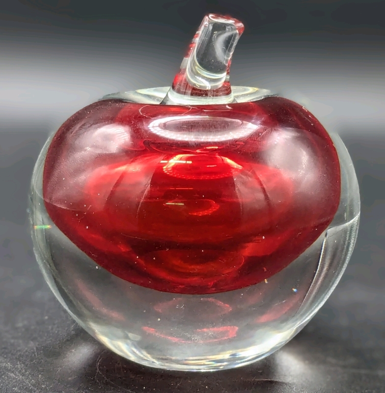 Art Glass Clear over Encased Red Apple Paperweight | 3.25" Tall