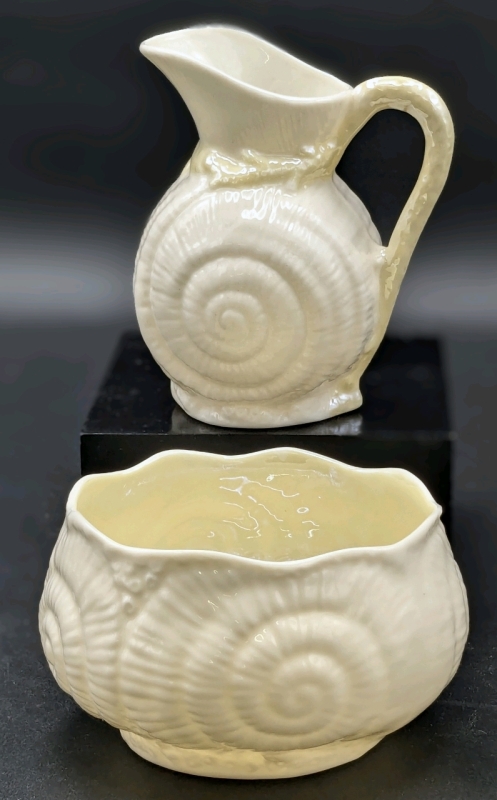 Belleek Ireland Neptune Nautilus Shell Creamer & Open Sugar Dish | Green Stamp | 2.15" - 3.6" Tall