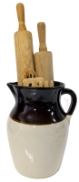 Large Unsigned Ironstone Jug w 2 Rolling Pins & 4 Wooden Cooking Instruments | Jug 10.25" Tall, Rolling Pins 17" - 19.5" Long
