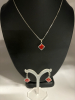 925 Sterling Silver Pendant Earrings Set Box Chain Red Stone - 2