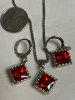 925 Sterling Silver Pendant Earrings Set Box Chain Red Stone - 6