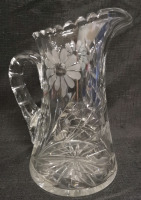 Vintage 9" Tall Heavy Cut Clear Glass Pitcher with Floral Etching
