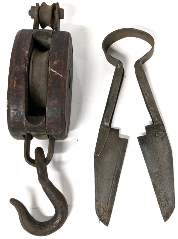 Canada Block Pulley Co St Catharines Ontario Wooden Block Single Pulley (10.75" Long) & Shears (9.5" Long)