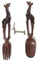 Wood Giraffe Salad Servers (11.75" Tall ea) & Adorable Solid Brass Antelope Knife Rest (3" Long x 2.5" Tall)