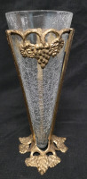 Vintage 10.5" Tall Brass Stand with Crackled Glass Vase - Made in India