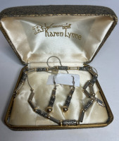Magnificent 925 Sterling Silver Set Bali Handcrafted Necklace Bracelet Earrings 14K gold Details