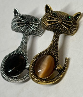 Two Cat Brooches Tiger Eye style Jelly Belly Rhinestone Eyes