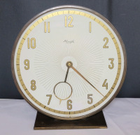 Mid-Century Modern Kienzle Art Deco Style Wind-Up Brass Desk Clock , Heinrich Moller Design . Tested Working , Missing Crystal Glass Front . Measures 7.5" tall