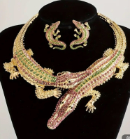 Bold Crocodile Rhinestone Rid Necklace Matching Pierced Earrings