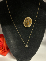 Gold Filled 1 / 20 14K Necklace 4 Ring dangles Antique Agate GF Brooch