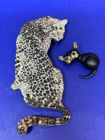 Two Fabulous Cat Brooches Acrylic Popping Rhinestones Black Cat Green Rhinestone Eyes