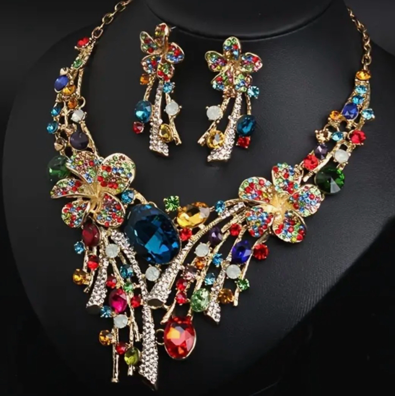 Modern Rhinestone Statement Set Necklace Drop Earrings