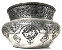 Stunning Large Armenian / Persian Tinned Copper Vessel with Animals at Play and During the Hunt | 11.15" Top Diameter x 7.8" Tall