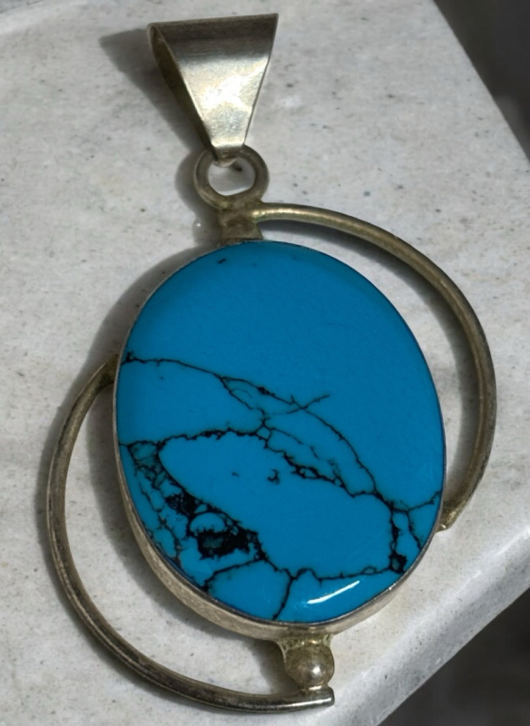 Sterling Blue Turquoise Black Vein Modernist Large Pendant