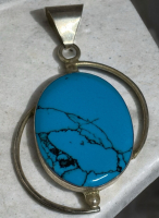 Sterling Blue Turquoise Black Vein Modernist Large Pendant