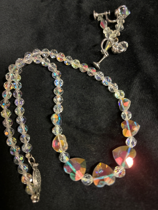 Sterling Stamped Clasp Austrian Crystal Heart Necklace Dangle Faceted Earrings