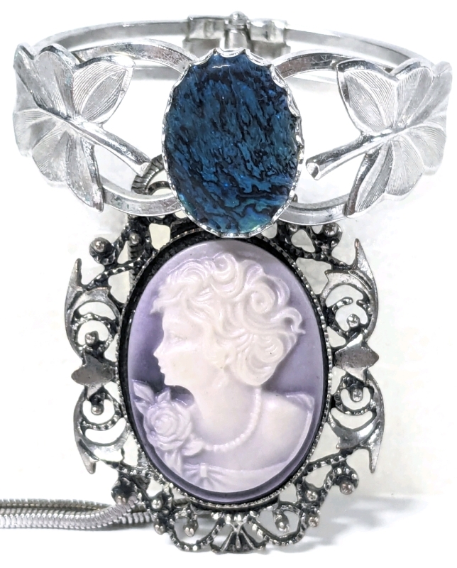 Stunning Large Lilac Purple & White Cameo of a Right-Facing Girl w Flowers on 21" Signed Sarah Cov Box Chain & Lovely Silver Tone Hinged Bracelet w Large Opal Flanked by Leaves (2.5" x 2.25")