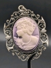 Stunning Large Lilac Purple & White Cameo of a Right-Facing Girl w Flowers on 21" Signed Sarah Cov Box Chain & Lovely Silver Tone Hinged Bracelet w Large Opal Flanked by Leaves (2.5" x 2.25") - 2