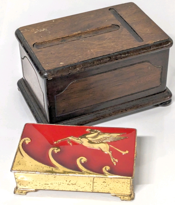 1940s Wooden Cigarette Dispenser & Pegasus Gold Tone + Red Lidded Cigarette Case | Largest: 5.5" x 3.75" x 3.15" Tall