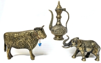 Small 5.25" Vintage Brass Turkish Coffee Pot, 4" Tall Brass Bull Figure w Characters & Creatures on Sides + 3" Tall Brass Lucky Elephant Figure