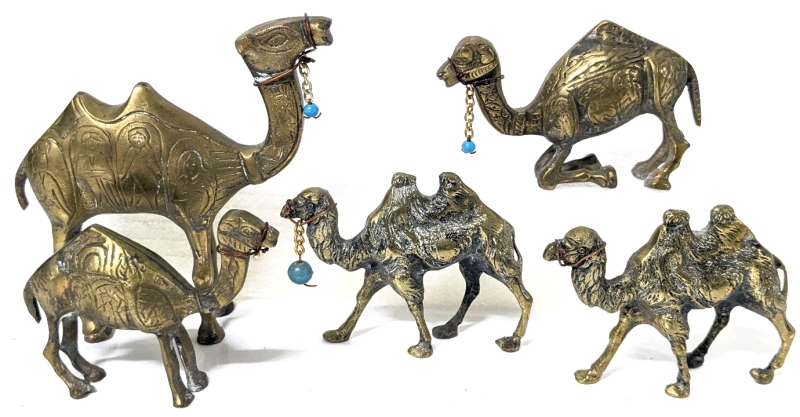 5 Vintage Brass Camel Figures | Adult & 2 Young Camels w Images on Sides + Pair of Realistic Camels | Up to 4.75" Tall