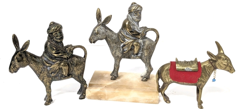 Vintage Brass Nasreddin Hodja Riding Donkey Backwards Card Holder on Marble Base w Twin Figure & Donkey w Images on Side w Saddle (Missing Rider) | Up to 6.25":Tall