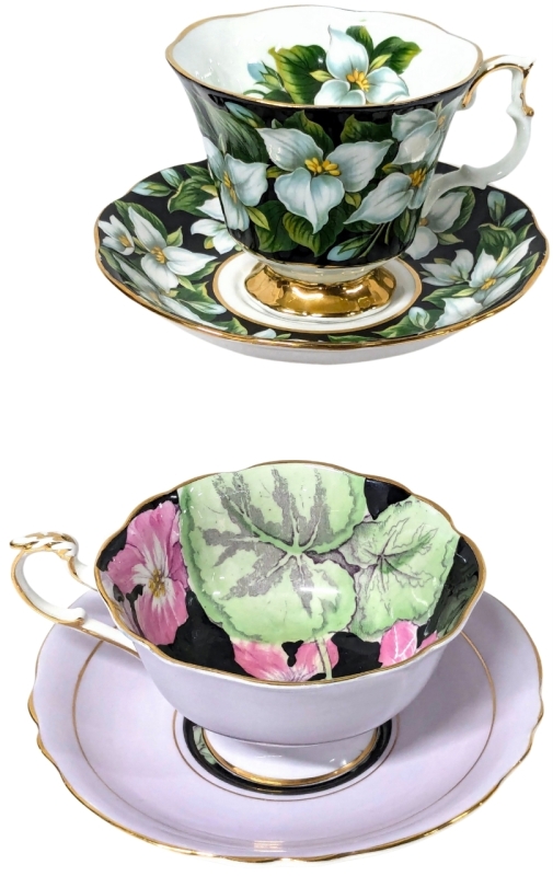 Paragon Double Warrant Pink w Black Floral & Royal Albert Provincial Flowers Trillium Teacups & Saucers