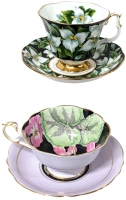 Paragon Double Warrant Pink w Black Floral & Royal Albert Provincial Flowers Trillium Teacups & Saucers