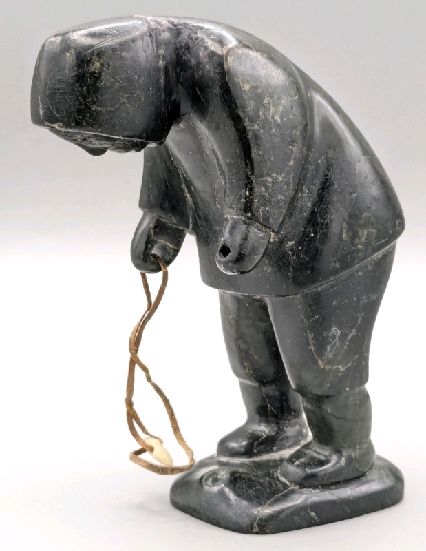 Signed ISA OOMAYOUALOOK (1915-76) Port Harrison / Inukjak | Carved Soapstone Fisherman over Fishing Hole | 5" Tall