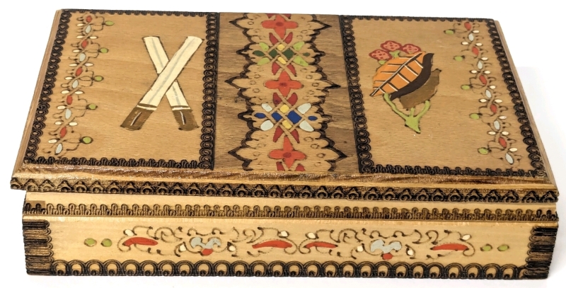 Vintage Folk Art Wood Burned Handpainted Pop-Out Cigarette Box | 8" x 5" x 2" Tall