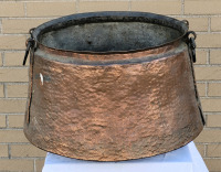 Vintage Turkish Hammered Copper & Brass Cauldron with Side Handles . Measures