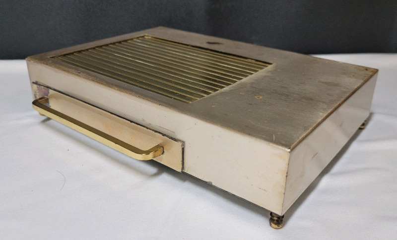 MCM Brass Nickel Roll-Top Music Cigarette Box . Measures 7"&times;5" . Music box mechanics not working , over wound