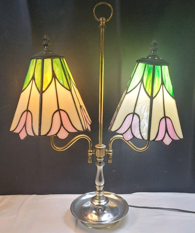 Double Light Desk Lamp with Bell Shape Acrylic Shades . Measures 22" tall & 16" wide . Tested Working