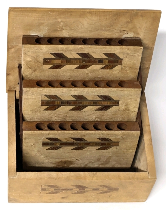 Vintage Wood Inlay Pop-Up Cigarette Box | 5.55" x 4.15" x 2.5" Tall