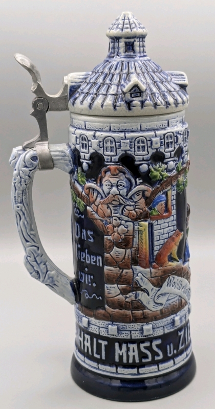 Original King Western Germany #1000 Halt Mass u. Ziel Trink Nie Zuviel 1/2 L Beer Stein w Ceramic Lid | 9.8" Tall