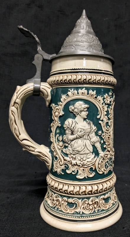 Vintage (Possibly Older) Marzi & Remy "Woman with Saying" Stoneware 0.5L Beer Stein w Pewter Lid | #1537 28 | 10" Tall