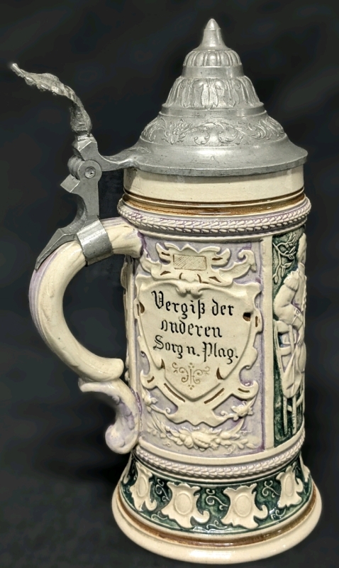 Early 1900s 0.5L Stoneware German Beer Stein w Pewter Lid | 9.5" Tall